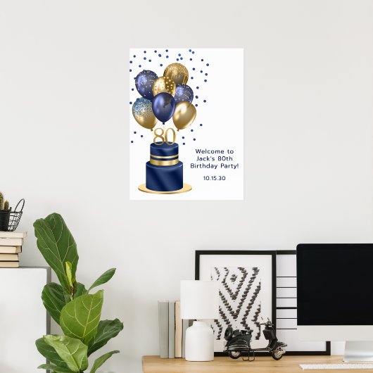 80e verjaardag Blue Balloon Cake Poster (Thuiskantoor)