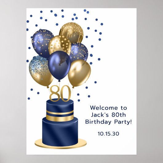 80e verjaardag Blue Balloon Cake Poster (Voorkant)