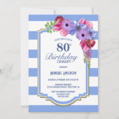 80e verjaardag Blue Striped Floral Dinner Party Kaart (Voorkant)