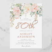 80e verjaardag Blush Bloemen Roos Goud Folie Uitnodiging (Voorkant)