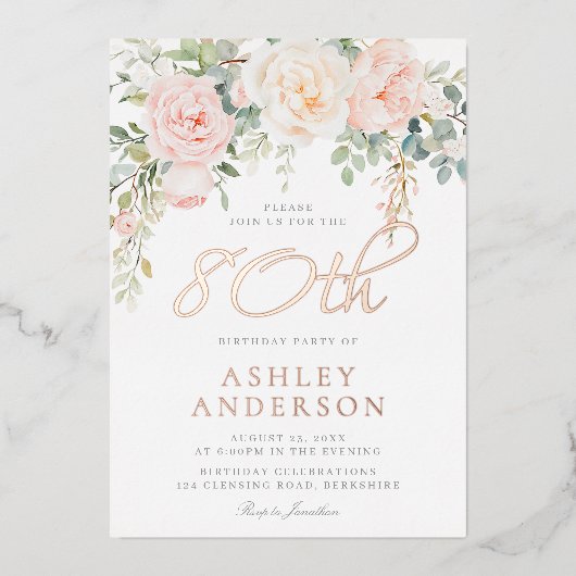 80e verjaardag Blush Bloemen Roos Goud Folie Uitnodiging (Voorkant)