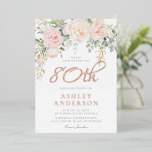 80e verjaardag Blush Bloemen Roos Goud Folie Uitnodiging (Staand Voorkant)