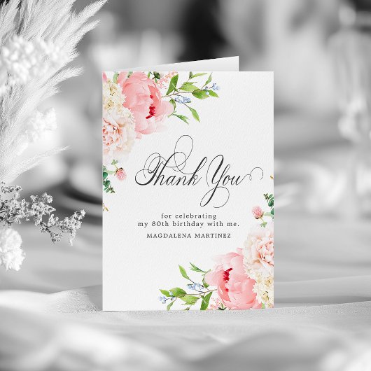 80e Verjaardag Blush Pink Peony Bloemen Gevouwen Bedankkaart