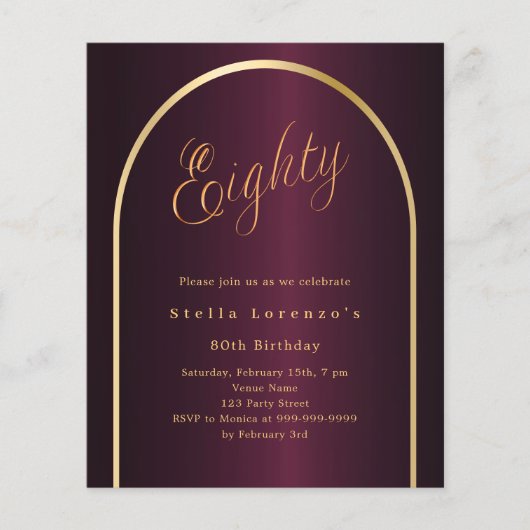 80e verjaardag Bourgondische gouden boog uitnodigi (Voorkant)