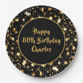 80e verjaardag Brush Script Gold Stars Custom Blac Papieren Bordje (Voorkant)