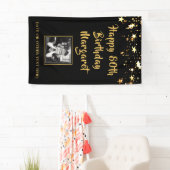 80e verjaardag Brush Script Gold Stars Foto Zwart Spandoek (Insitu)