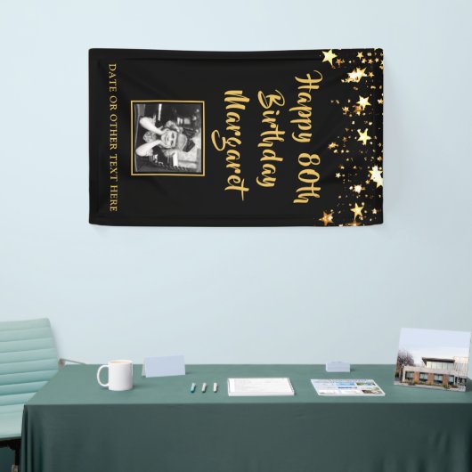 80e verjaardag Brush Script Gold Stars Foto Zwart Spandoek (Beurs)
