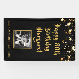 80e verjaardag Brush Script Gold Stars Foto Zwart Spandoek