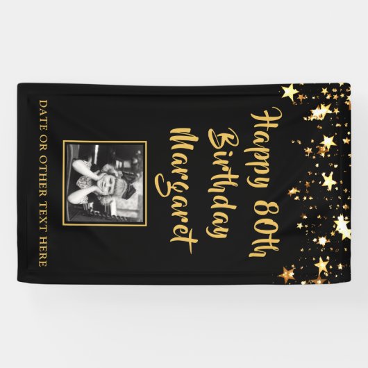 80e verjaardag Brush Script Gold Stars Foto Zwart Spandoek (Horizontaal)
