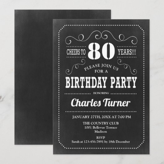 80e verjaardag - Chalkboard Black White Kaart (Voorkant / Achterkant)