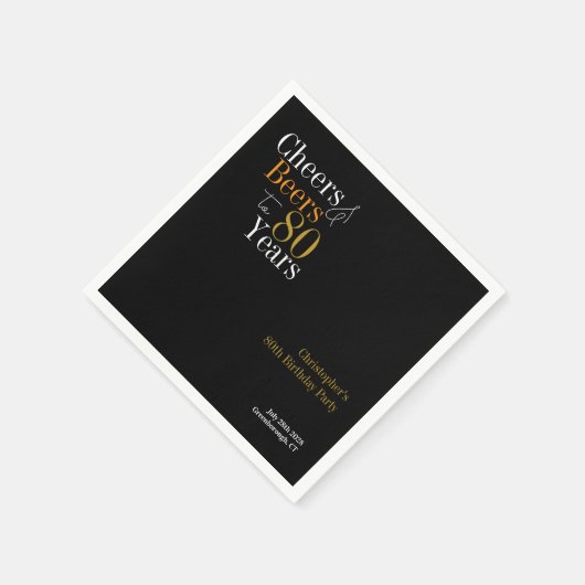 80e verjaardag Cheers and Beers Party Black Gold Servet (Hoek)