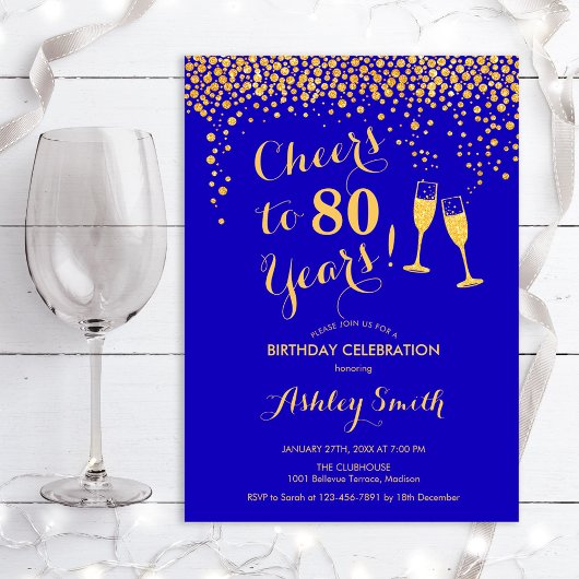 80e verjaardag - Cheers tot 80 jaar Gold Royal Blu Kaart