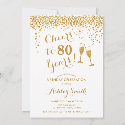 80e verjaardag - Cheers tot 80 jaar Gold White Kaart (Voorkant)