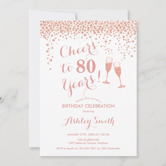 80e verjaardag - Cheers tot 80 jaar Roos Gold Whit Kaart (Voorkant)