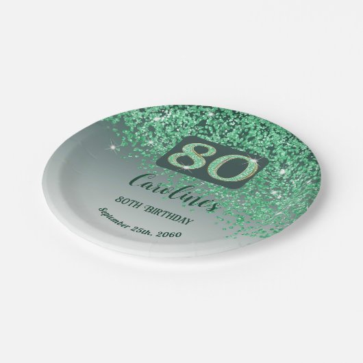 80e verjaardag Chic Falling Green Glitter Papieren Bordje (Gekanteld)