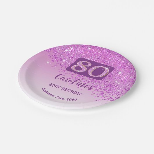 80e verjaardag Chic Falling Pink Glitter Papieren Bordje (Gekanteld)
