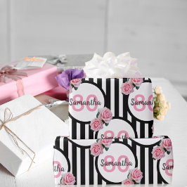 80e verjaardag chic roze rozen zwarte witte strepe cadeaupapier