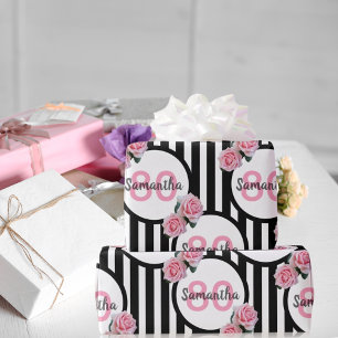 80e verjaardag chic roze rozen zwarte witte strepe cadeaupapier