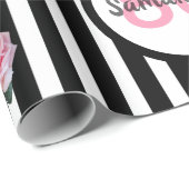 80e verjaardag chic roze rozen zwarte witte strepe cadeaupapier (Rol Hoek)