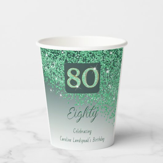 80e verjaardag Classy Falling Green Glitter Papieren Bekers (Achterkant)