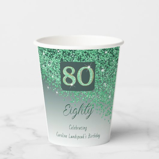 80e verjaardag Classy Falling Green Glitter Papieren Bekers (Voorkant)