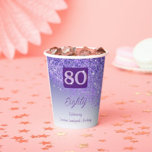 80e verjaardag Classy Falling Paarse Glitter Papieren Bekers (Insitu)
