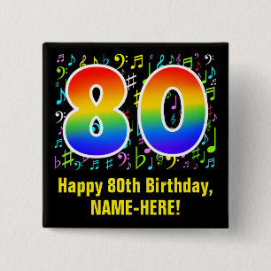 80e verjaardag: Colorful Music Symbols, Rainbow 80 Vierkante Button 5,1 Cm