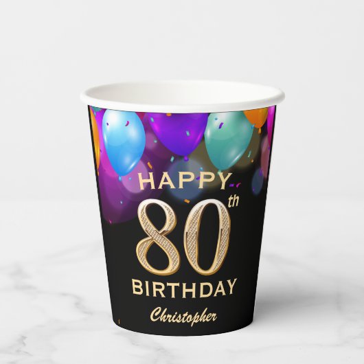 80e verjaardag Confetti voor zwarte en gouden fees Papieren Bekers (Achterkant)