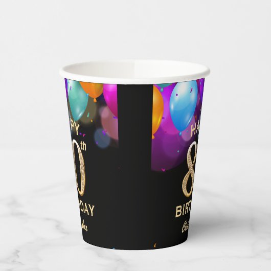 80e verjaardag Confetti voor zwarte en gouden fees Papieren Bekers (Links)