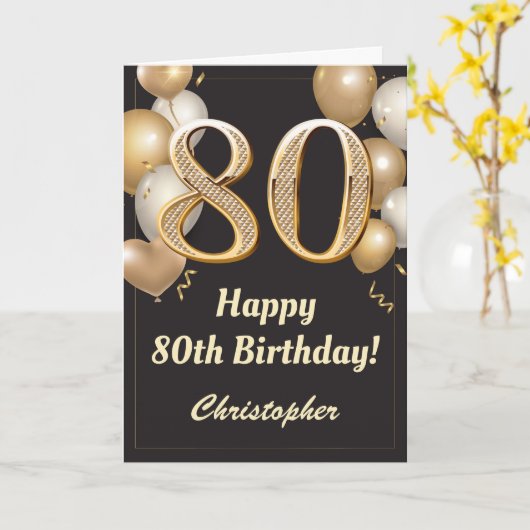 80e verjaardag Confetti zwarte en gouden ballonnen Kaart (Gele Bloem)
