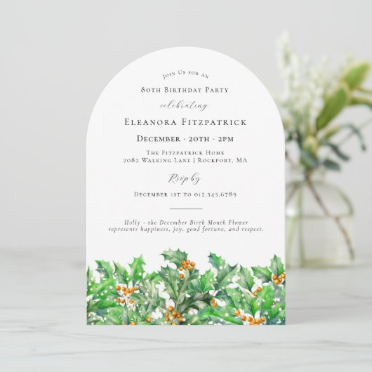 80e verjaardag december Geboortebloem Holly Arch Kaart (Staand voorkant)