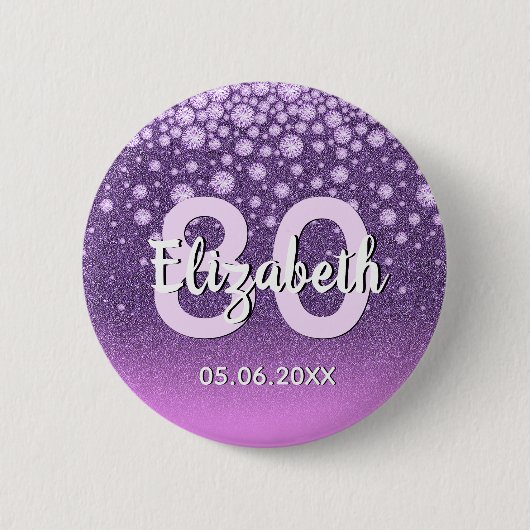 80e verjaardag diamant glitter paars roze ronde button 5,7 cm (Voorkant)
