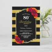 80e verjaardag diner Goud Gestreepte Rode Bloemen Kaart (Staand voorkant)