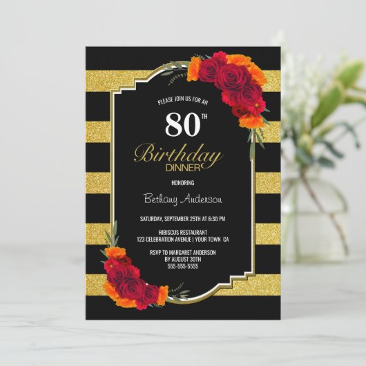 80e verjaardag diner Goud Gestreepte Rode Bloemen Kaart (Staand voorkant)