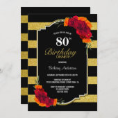 80e verjaardag diner Goud Gestreepte Rode Bloemen Kaart (Voorkant / Achterkant)