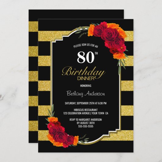 80e verjaardag diner Goud Gestreepte Rode Bloemen Kaart (Voorkant / Achterkant)