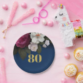 80e verjaardag Donkere blauwe legante Floral tacht Papieren Bordje (Feest)