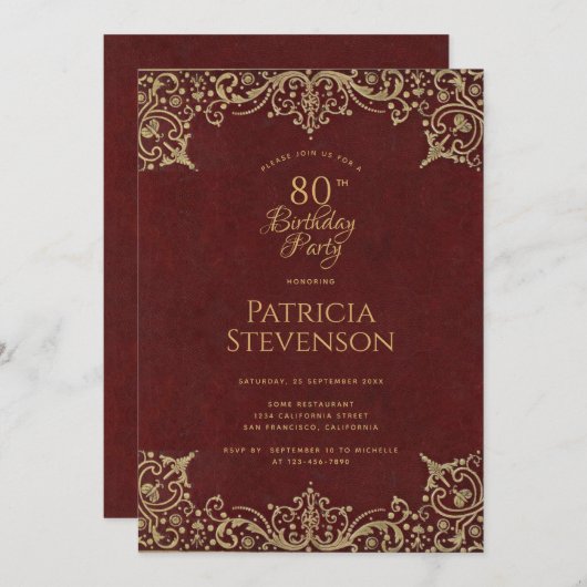 80e verjaardag Elegant Bourgondisch  gouden script Kaart (Voorkant / Achterkant)