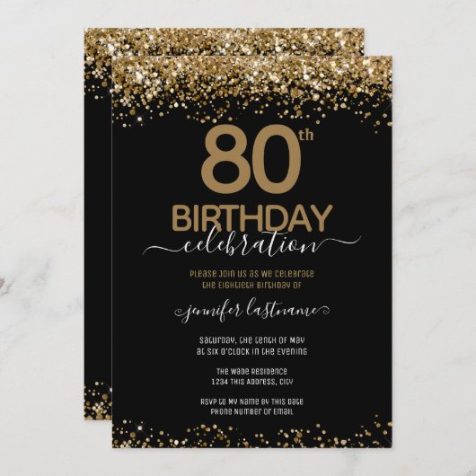 80e verjaardag Elegant Gold Glitter Uitnodiging (Voorkant / Achterkant)