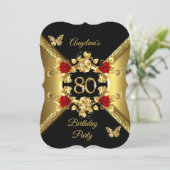 80e verjaardag Elegant Gold Red Roses Black Kaart (Staand voorkant)