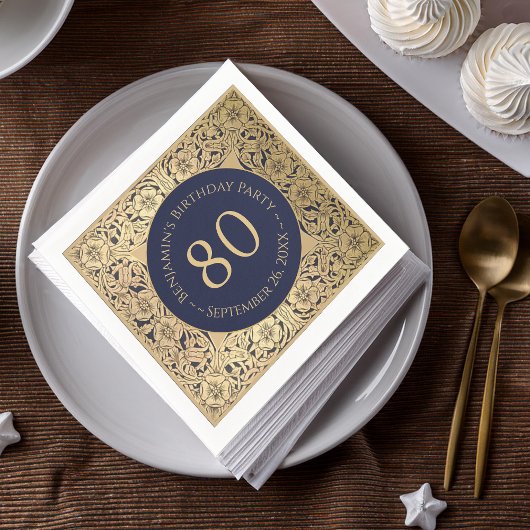 80e Verjaardag Elegant  Goud Rozen Navy Blue Servet