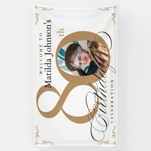 80e verjaardag Elegant Goud Wit Kalligrafie Foto Spandoek (Verticaal)