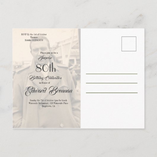 80e verjaardag Elegant Mannelijke Monogram Foto Uitnodiging Briefkaart (Achterkant)