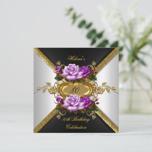 80e verjaardag Elegant Paars Gold Rozen 4 Kaart (Staand voorkant)