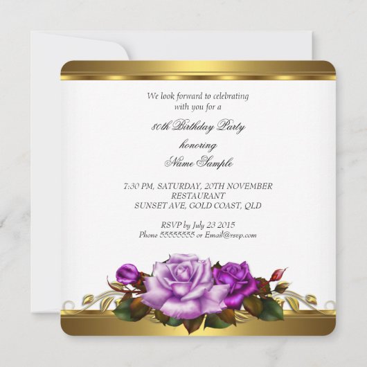 80e verjaardag Elegant Paars Gold Rozen A Kaart (Achterkant)