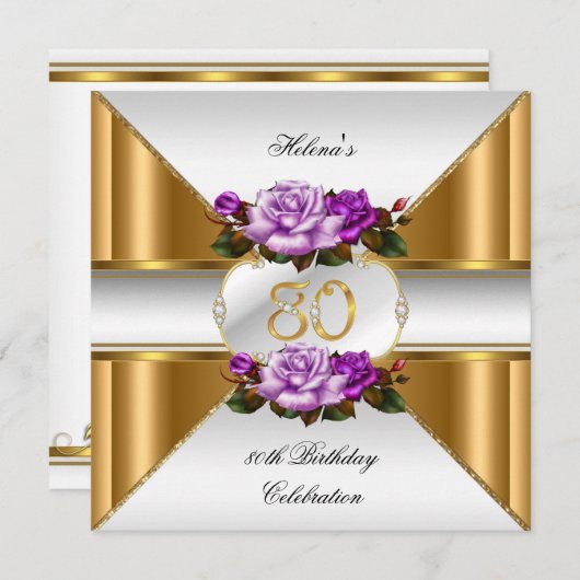 80e verjaardag Elegant Paars Gold Rozen B Kaart (Voorkant / Achterkant)