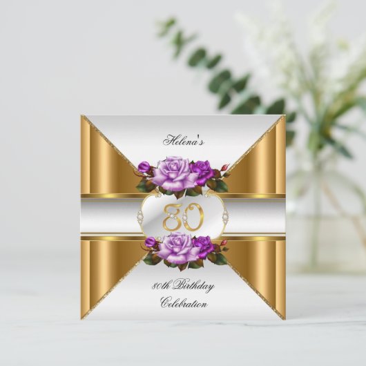 80e verjaardag Elegant Paars Gold Rozen B Kaart (Staand voorkant)