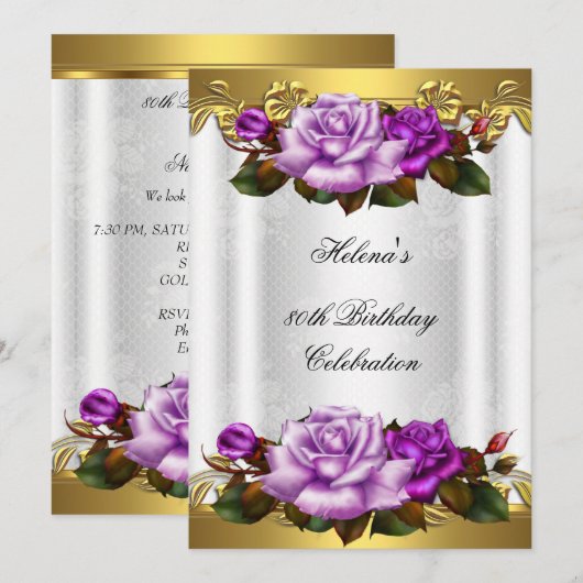80e verjaardag Elegant Paars Gold Rozen Lace Kaart (Voorkant / Achterkant)