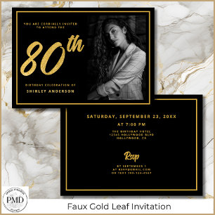80e verjaardag Elegante foto Black Faux Gold Leaf Kaart