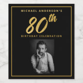 80e verjaardag Elegante foto Zwart Goud Wijnlabel Wijn Etiket (Enkel label)